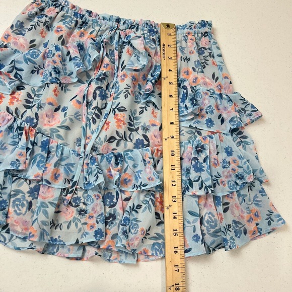 Lovers + Friends Mini Skirt Medium Women Floral Print Ruffle Blue Pink Tiered - Picture 12 of 13